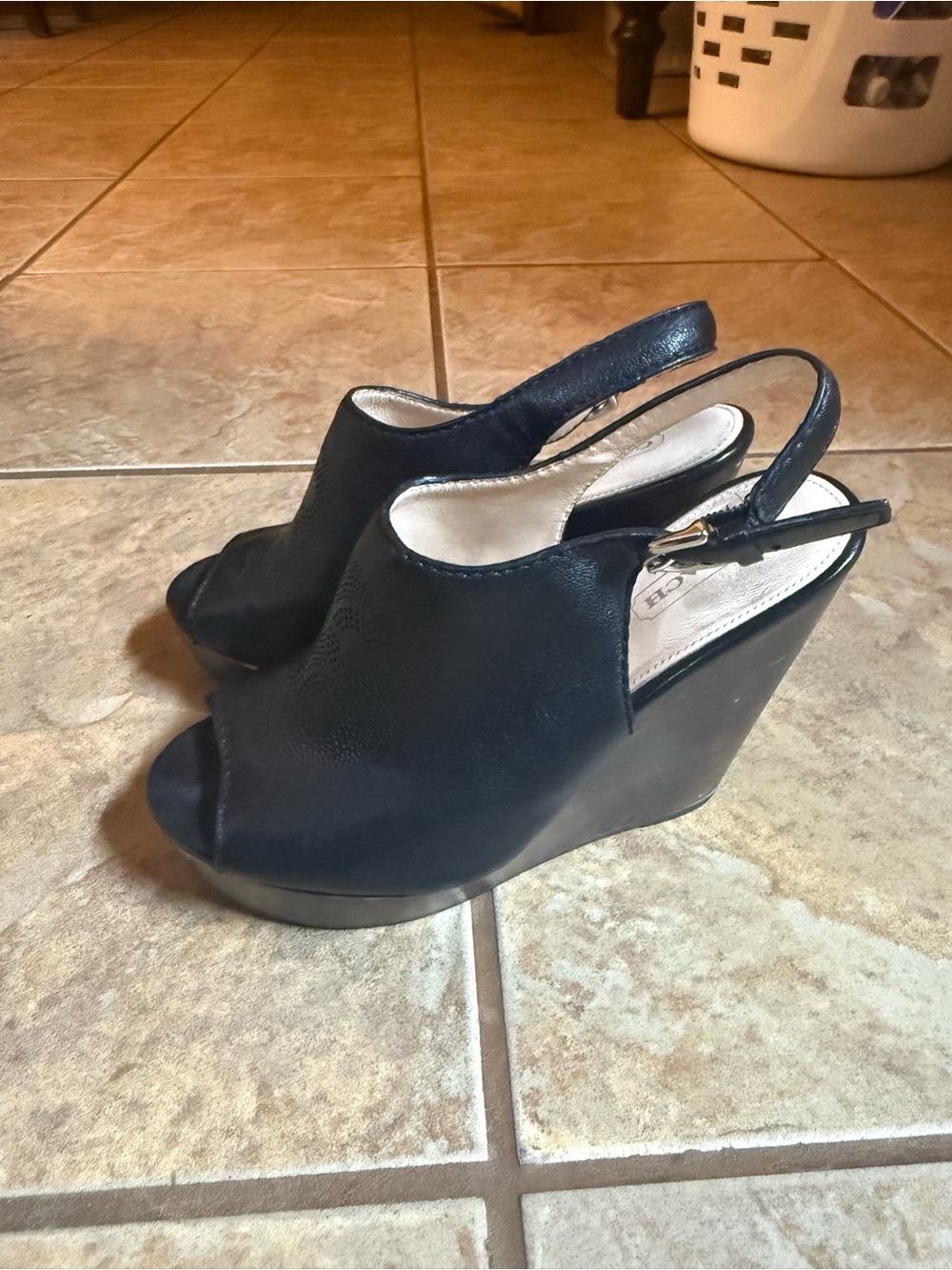 Coach Black Peep-Toe Wedge Slingbacks